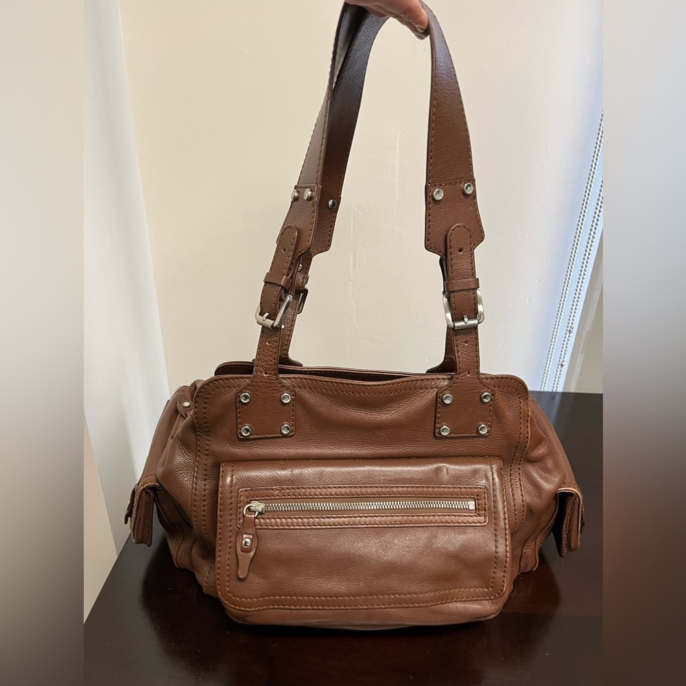 Theory Brown Leather Shoulder Bag with many pockets (pre-owned)